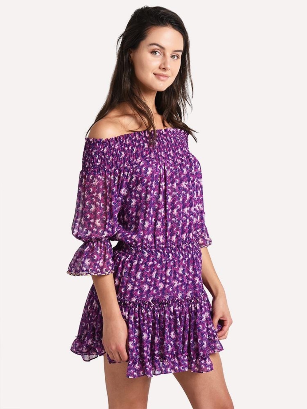 50. Misa Los Angeles Marisol Dress Violet Floral Off-Shoulder Mini